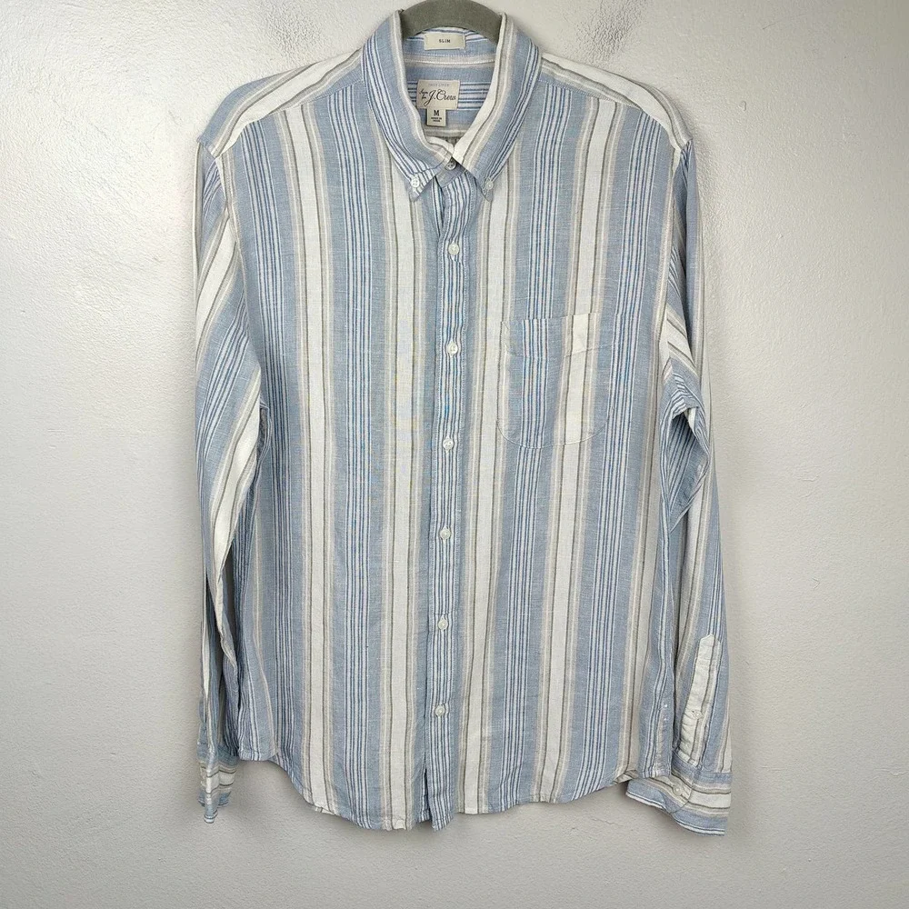 J. Crew Shirt Mens Medium Blue Striped 100% Irish Linen Baird McNutt Button Down
